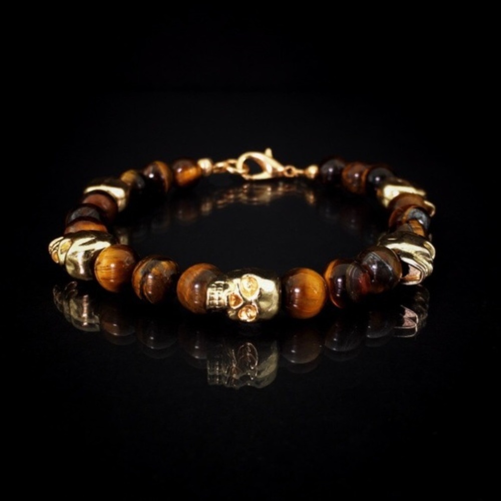 💀Gold Skull & Genuine Tiger Eye Men’s Bracelet